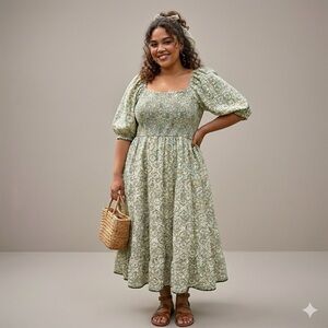 Lea Midi Dress Smocked Women's 1X Green Cream 100% Cotton